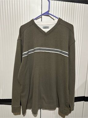 Men's Olive V-Neck Sweater with Contrast Chest Stripes XXL